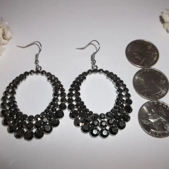 Earrings Hoops Edgy Hematite Dark Grey and Silver Rhinestone Drop Dangle A495 - Picture 4 of 5